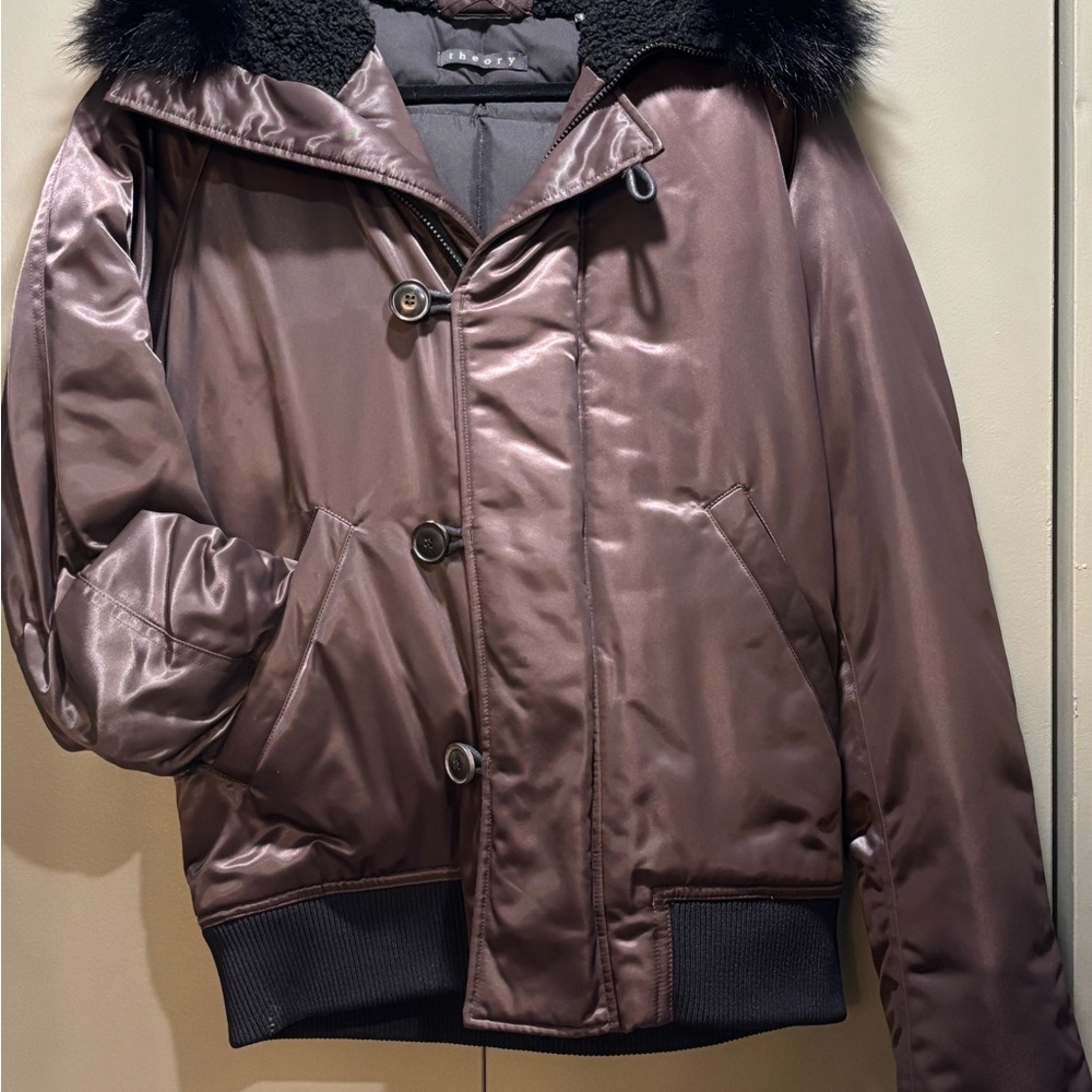 Theory Brown Bomber Jacket with Black Fur Collar